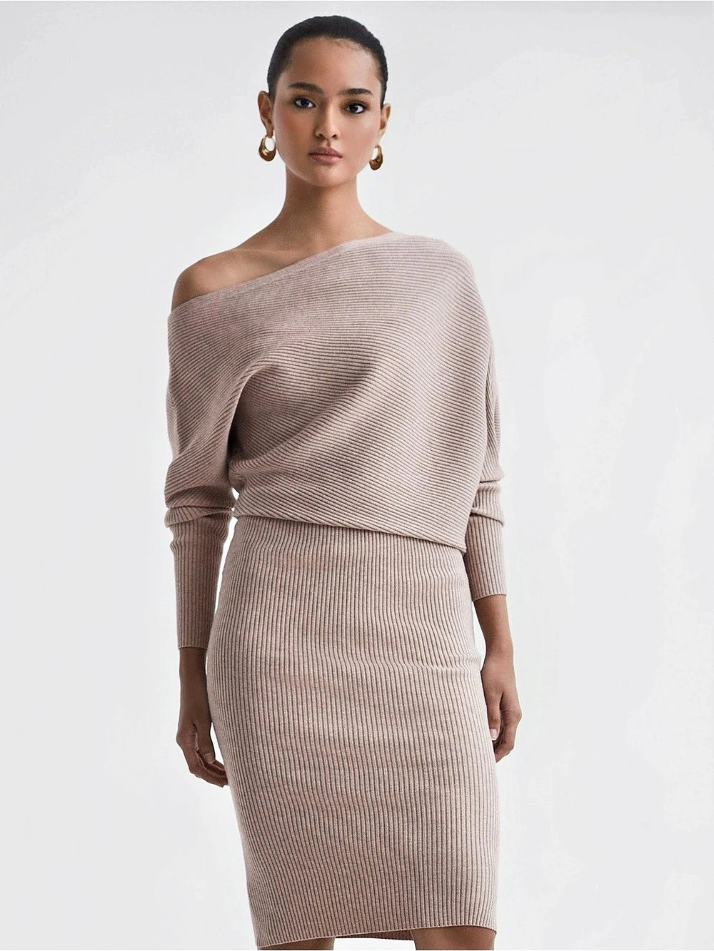 NWT Reiss Lara Off The Shoulder Ribbed Midi Dress Stone | Size M
